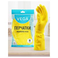 299046.66 Перчатки резиновые хозяйственные Vega, многоразовые, хлопчатобумажное напыление, р. M, желтые, пакет